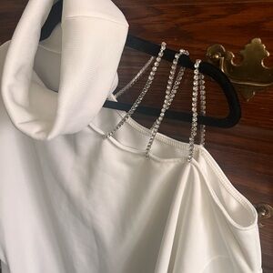 SHEIN Elegant White Sweatshirt Dress w/Three Rhinestone Straps. Very Sexy!